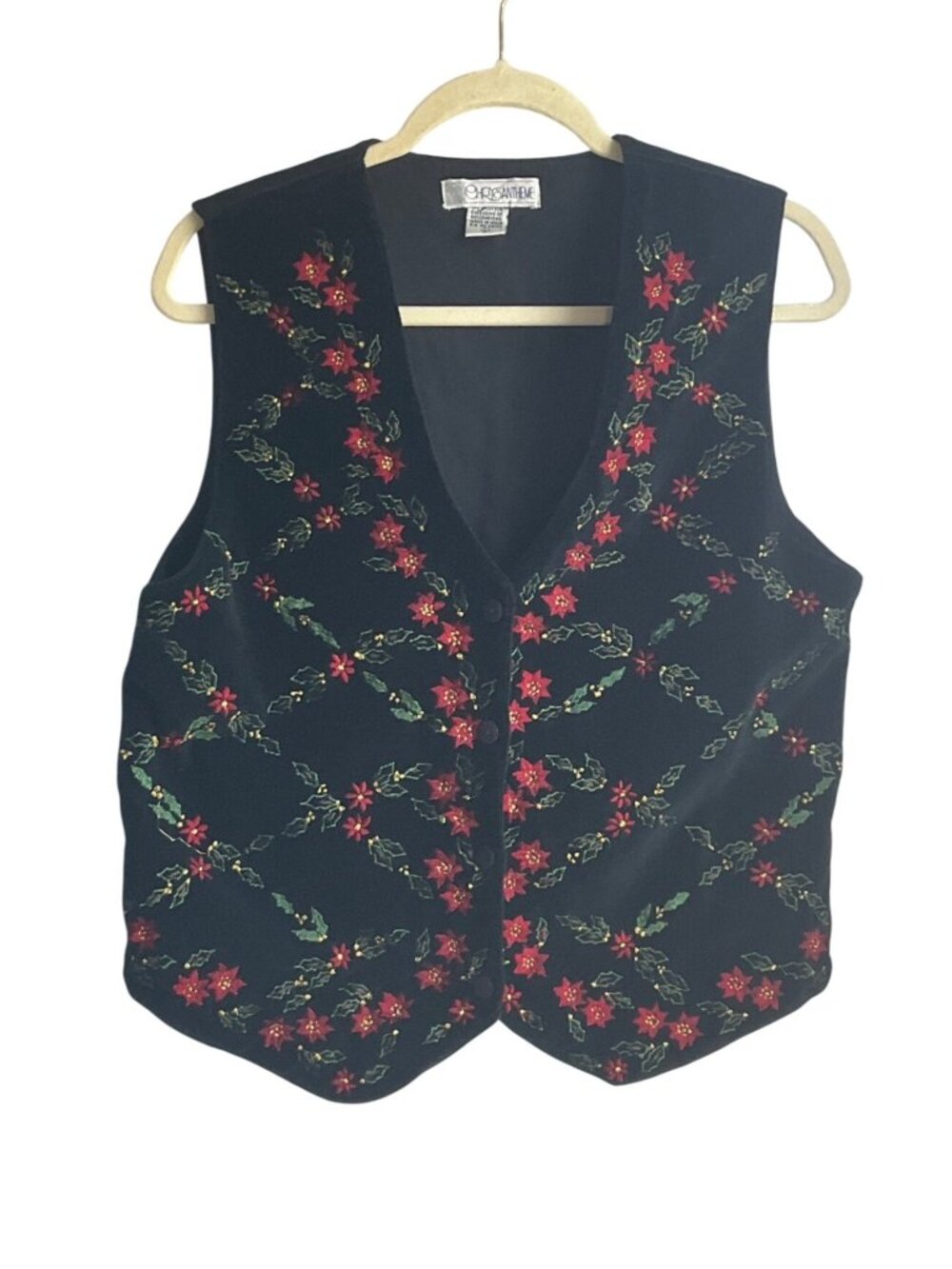 Vintage Chrysantheme L Black Velvet Vest Poinsettia Embroidery Adjustable Preppy - Picture 3 of 15